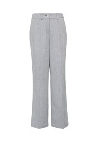 Lichtgrijze tailored broek met een soepele textuur, wijde broekspijpen en een subtiel patroon, voorzien van een sluiting met een knoop aan de voorkant en zakken.
