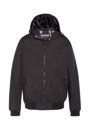 Veste noire à fermeture éclair avec capuche, doublure intérieure à carreaux, poches latérales zippées et logo "Schott" sur la poitrine.