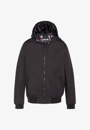 Veste noire à fermeture éclair avec capuche, doublure intérieure à carreaux, poches latérales zippées et logo "Schott" sur la poitrine.