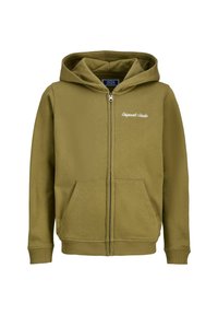 Oliwkowy zip-up hoodie wykonany z miękkiego materiału, z kapturem na sznurku, przednimi kieszeniami i haftem "Original Studio" na piersi.