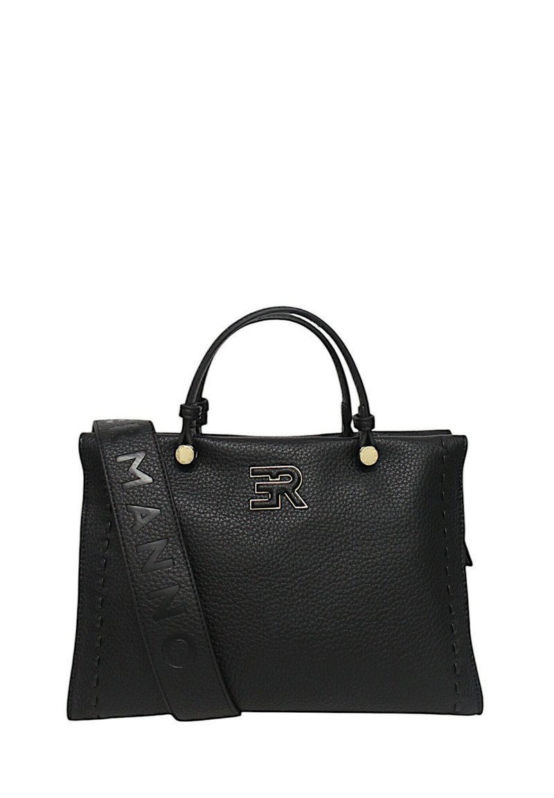 Borsa a mano in pelle nera con superficie testurizzata, manici doppi e tracolla regolabile. Presenta un logo e cuciture in tonalità oro.