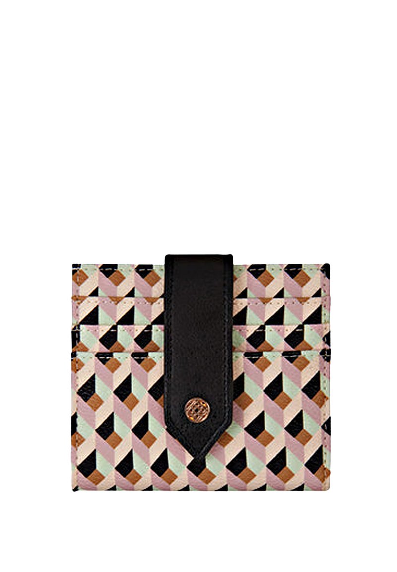 Portacarte colorato caratterizzato da un motivo geometrico in rosa, marrone e menta, con una tracolla in pelle nera e chiusura a scatto.
