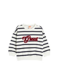 Felpa a righe bianca e blu navy, con una ricamata rossa "Great" sul davanti. Maniche e orlo a coste, tessuto morbido, vestibilità casual.
