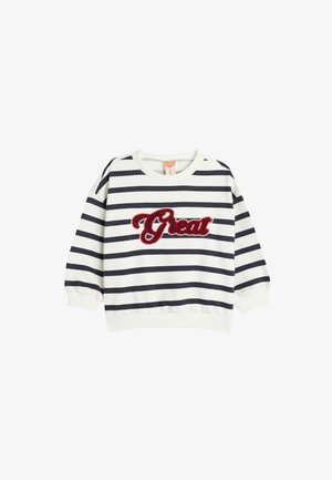 Gestreepte sweatshirt in wit en marineblauw, met een rode geborduurde "Great" op de voorkant. Ribgebreide manchetten en zoom, zachte textuur, casual pasvorm.
