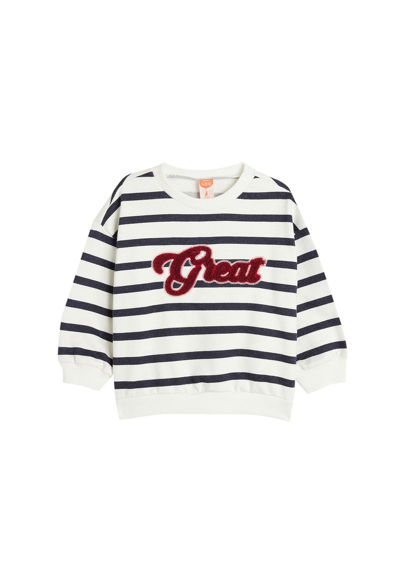 Felpa a righe bianca e blu navy, con una ricamata rossa "Great" sul davanti. Maniche e orlo a coste, tessuto morbido, vestibilità casual.