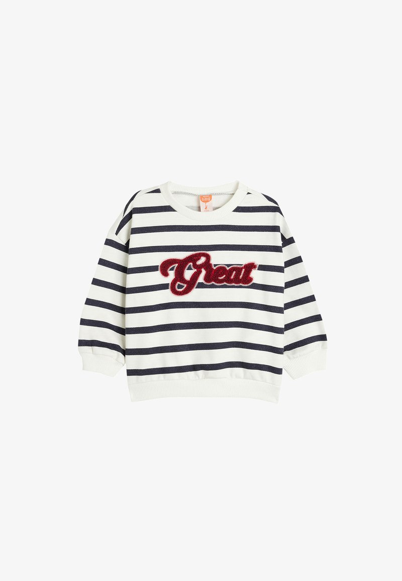 Felpa a righe bianca e blu navy, con una ricamata rossa "Great" sul davanti. Maniche e orlo a coste, tessuto morbido, vestibilità casual.