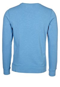Sudadera de mangas largas, color azul claro, con cuello redondo, textura suave y puños y dobladillo acanalados. Vista trasera, con un diseño minimalista.
