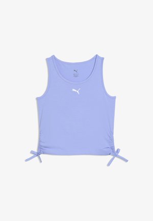 Top corto sin mangas de color púrpura claro con el logo de Puma centrado en el pecho y detalles con cordones ajustables en ambos lados en el dobladillo inferior.