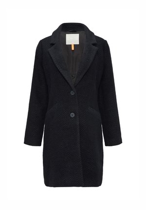 Diepblauwe visgraatjas met een gekantelde kraag, twee voorkennis en twee knopen. Gemaakt van een textuurstof met een gladde voering.