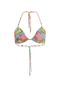 Bikini top with pastel blue, pink, and green pattern, triangular cups, and adjustable ties. Features gold-tone chain accents.