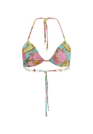 Bikini top with pastel blue, pink, and green pattern, triangular cups, and adjustable ties. Features gold-tone chain accents.