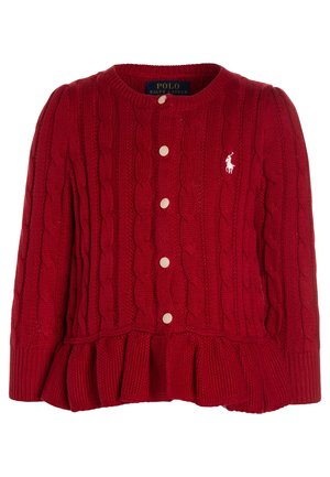 Cardigan rouge en maille torsadée avec col rond, boutons sur le devant, ourlet à volants et logo blanc Polo Ralph Lauren sur la poitrine.