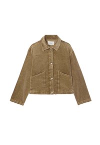 Veste en velours côtelé marron clair avec un devant à boutons, deux poches avant et un col. Présente un design court et un tissu texturé.