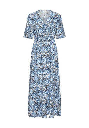 Blå mønstret maxikjole med korte ærmer og V-udskæring. Har en snoretræk i taljen og flydende stof med et dekorativt design.