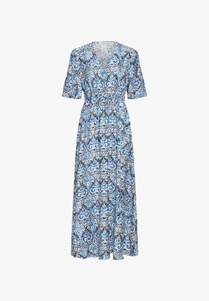 Sininen kuvioitu maksimekko lyhyillä hihoilla ja V-pääkohdalla. Sisältää nyörivyön ja ohueen, koristeelliseen kankaaseen.