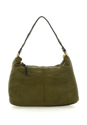 Borsa in pelle verde oliva con goffratura a libellula, dotata di una sola tracolla e zip dorata. Texture morbida, forma arrotondata.