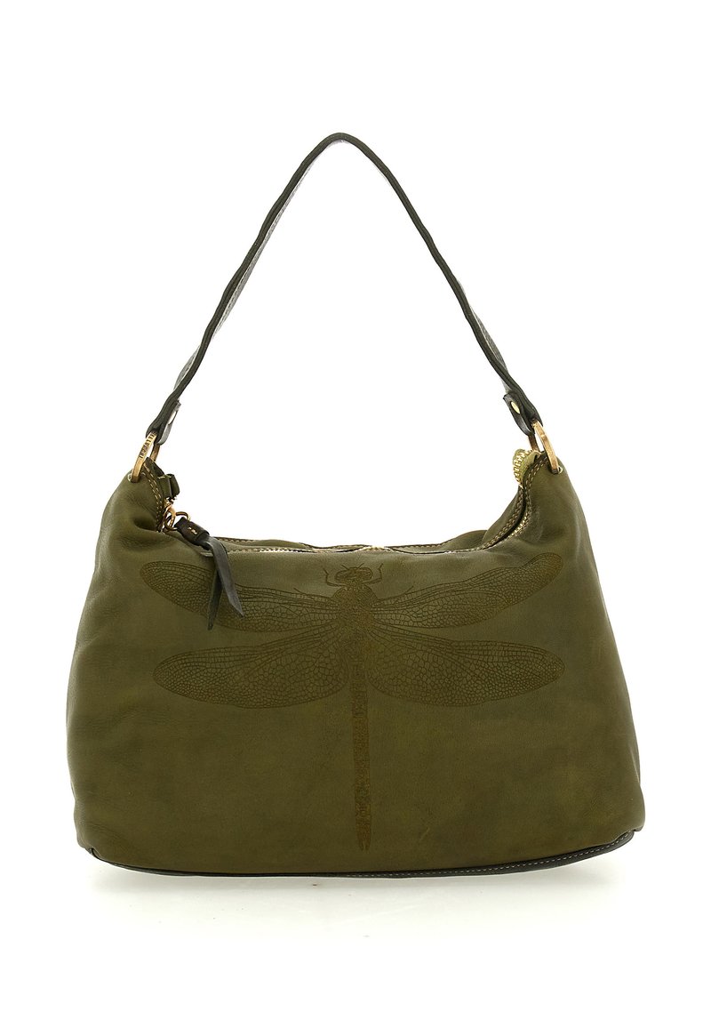 Borsa in pelle verde oliva con goffratura a libellula, dotata di una sola tracolla e zip dorata. Texture morbida, forma arrotondata.