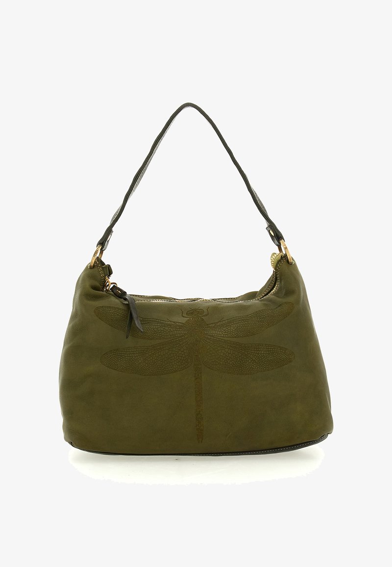 Borsa in pelle verde oliva con goffratura a libellula, dotata di una sola tracolla e zip dorata. Texture morbida, forma arrotondata.