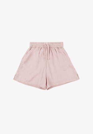 Light pink linen shorts with an elastic waistband and drawstring, featuring side pockets and a relaxed fit. Smooth, breathable texture.
