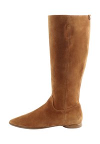 Knee-high brown suede boots with a pointed toe and smooth texture, featuring a simple design and a small heel.