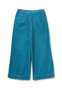 Tyrkysové kordové kalhoty culotte se širokými nohavicemi, s texturovanými vertikálními pruhy, dvěma zadními kapsami a pasem s elastickým lemem.