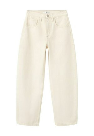 Kremowe dżinsy z wysokim stanem i szerokimi nogawkami, z przednimi kieszeniami, zapięciem na guziki i szlufkami na pasek.