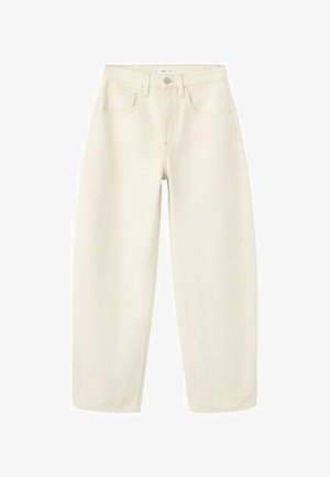 High-waisted, wide-leg cream-colored jeans with front pockets, button closure, and belt loops.