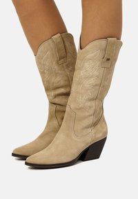 Botas de vaquero de ante beige con punta afilada, costuras decorativas y tacón apilado, con trabillas para facilitar su uso.