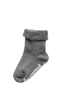 Grau Socke mit einem strukturierten, umklappbaren Bündchen. Weiches, gestricktes Material mit einem weißen Logo auf der Seite. Abgerundete Zehenform.
