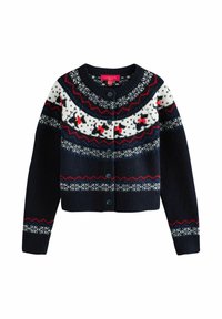 Námorně modré pletené kardigán s bílými a červenými vzory Fair Isle, s kulatým výstřihem, halenkovými knoflíky a dlouhými rukávy.