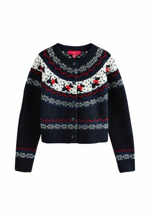 Navy blue knitted cardigan with white and red Fair Isle patterns, featuring a round neck, button closures, and long sleeves.