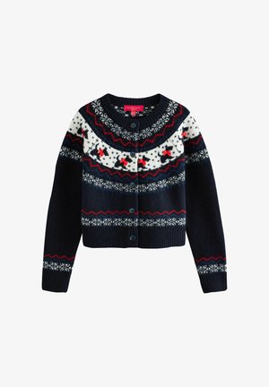 Cardigan en tricot bleu marine avec des motifs Fair Isle blancs et rouges, doté d'un col rond, de fermetures à boutons et de manches longues.