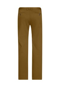 Brown, straight-leg trousers made of cotton, featuring two back pockets with button closures and a smooth, matte texture.