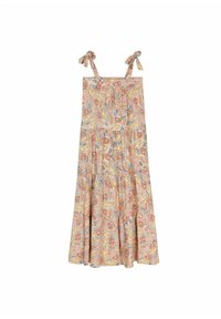 Robe maxi à motif floral en orange clair et bleu. Dispose de bretelles à nouer réglables, d'un corps cintré et d'une jupe fluide à volants.