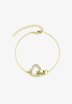 Gouden kettingarmband met een hartvormige hanger met een heldere kristallen rand en een veilige sluiting. Elegante vormgeving met fijne schakels.