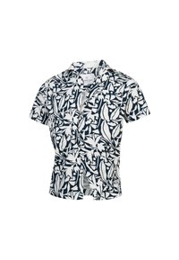 Camicia a maniche corte in blu navy con motivo floreale bianco, design con bottoni, realizzata in tessuto leggero, con una vestibilità rilassata e colletto.