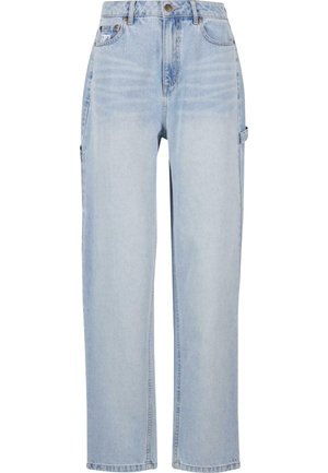 Light blue denim cargo pants with a straight-leg design, featuring two side pockets, subtle fading, and visible stitching details.