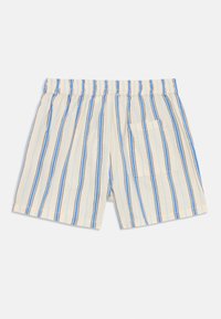 Rutete shorts i lys krem, med vertikale blå og grå striper, elastisk midjebånd, og en enkelt lomme på høyre side.
