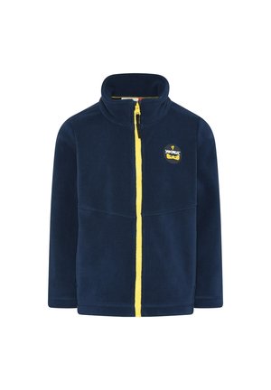Chaqueta polar azul marino con cremallera amarilla, cuello alto y un logo con temática de Ninjas en el pecho. Textura lisa sin patrones adicionales.