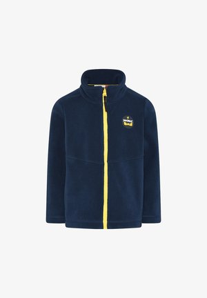 Granatowa kurtka polarowa z żółtym zamkiem, wysokim kołnierzem i logo w stylu Ninja na piersi. Gładka faktura, bez dodatkowych wzorów.