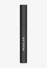 Schwarzer zylindrischer Mascara-Stift mit mattem Finish, auf dessen Vorderseite sich das weiße "MUGLER"-Logo befindet. Schlankes Design mit abnehmbarem Deckel.