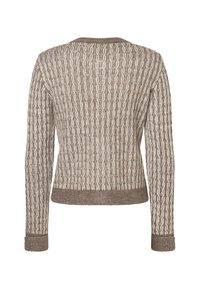 Beige knitted sweater with a textured pattern, featuring a round neckline and ribbed cuffs and hem. Classic fit with long sleeves.