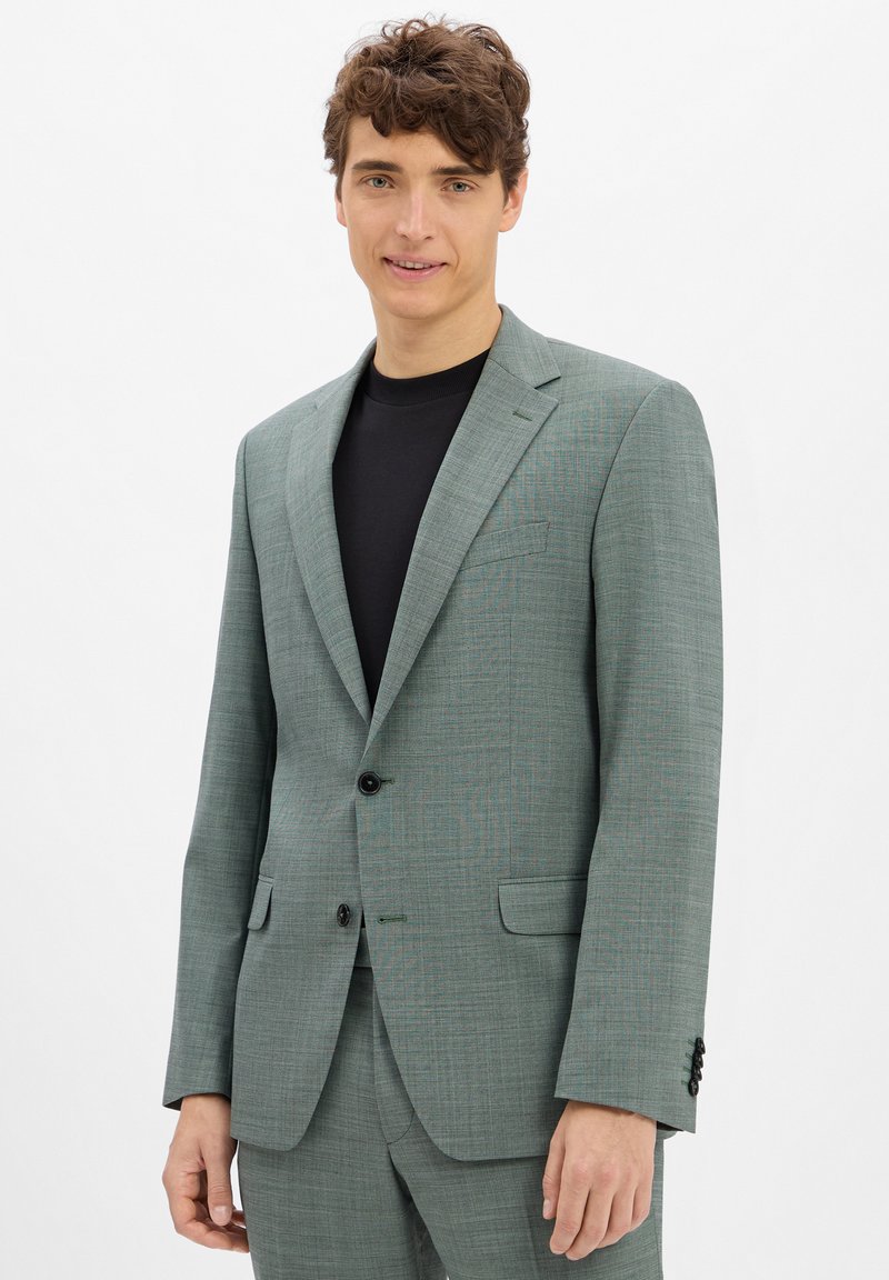 Grau kariertes Sakko mit Reverskragen, zwei Knopfverschluss und schwarzen Hardware; der Stoff hat eine dezente Textur und eine taillierte Passform.