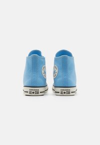 Blue canvas Converse All Star shoes with a textured surface, round logo on each heel, and contrasting white rubber soles.
