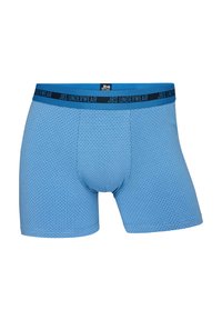 Blue boxer shorts made of textured fabric with a grid pattern; features a contrasting dark blue elastic waistband with "JBS UNDERWEAR" text.