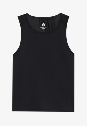 Canotta nera senza maniche realizzata in tessuto liscio. Presenta un collo rotondo e cuciture rinforzate sulle spalle. Design minimalista, senza fantasie.