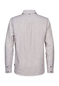 Chemise à manches longues en beige clair avec un motif rayé subtil. Elle présente un col classique, des poignets à boutons et une petite étiquette logo à l'arrière.
