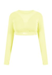 Langärmliges Crop-Top in leuchtendem Gelb, aus glattem, elastischem Material. Mit rundem Ausschnitt und einem kreisförmigen Ausschnittdetail an der Vorderseite.