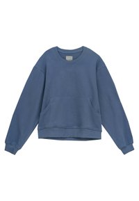 Niebieski sweatshirt z okrągłym dekoltem, długimi rękawami, ściągaczami na końcach rękawów, kieszenią z przodu oraz luźnym krojem. Wykonany z miękkiej, teksturowanej tkaniny.