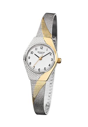 Montre-bracelet pour femme en argent et or avec cadran blanc, chiffres noirs et bracelet en maille, affichant l'heure 10:10:35.